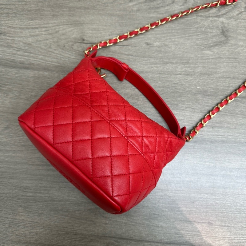 CHANEL 紅色金扣手提肩背斜背飯盒包 16*12*12 98新配件保卡塵袋-2