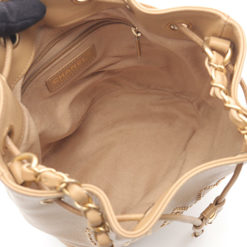 香奈兒 Deauville 抽繩鏈單背包 AS1045 小牛皮 米色 金色五金 二手-2