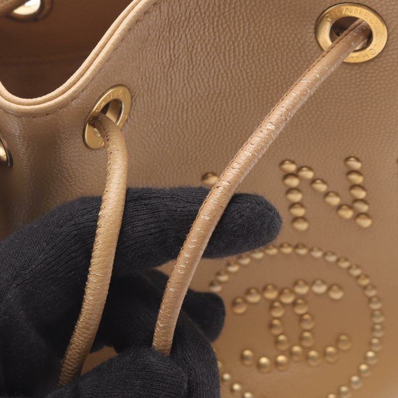 香奈兒 Deauville 抽繩鏈單背包 AS1045 小牛皮 米色 金色五金 二手-6