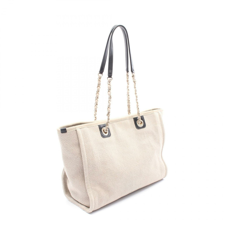 香奈兒 Deauville 鏈條手提包,帆布皮革,米色/黑色,金色五金,二手女款-1