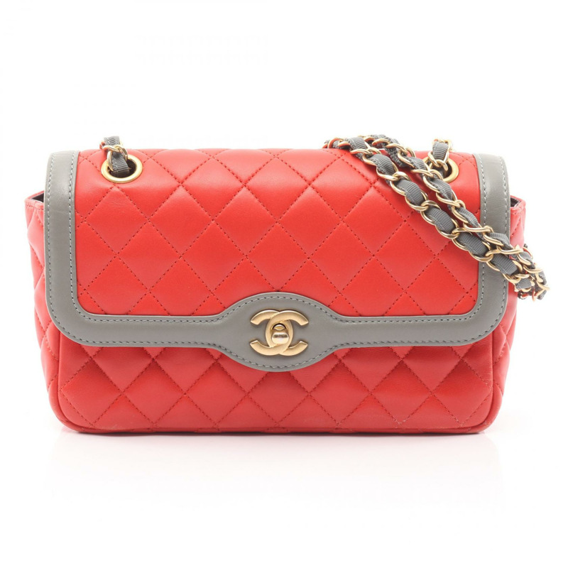 香奈兒 (CHANEL) 絎縫鏈條肩背包,羊皮材質,紅色/灰色,金色五金,二手女款-0