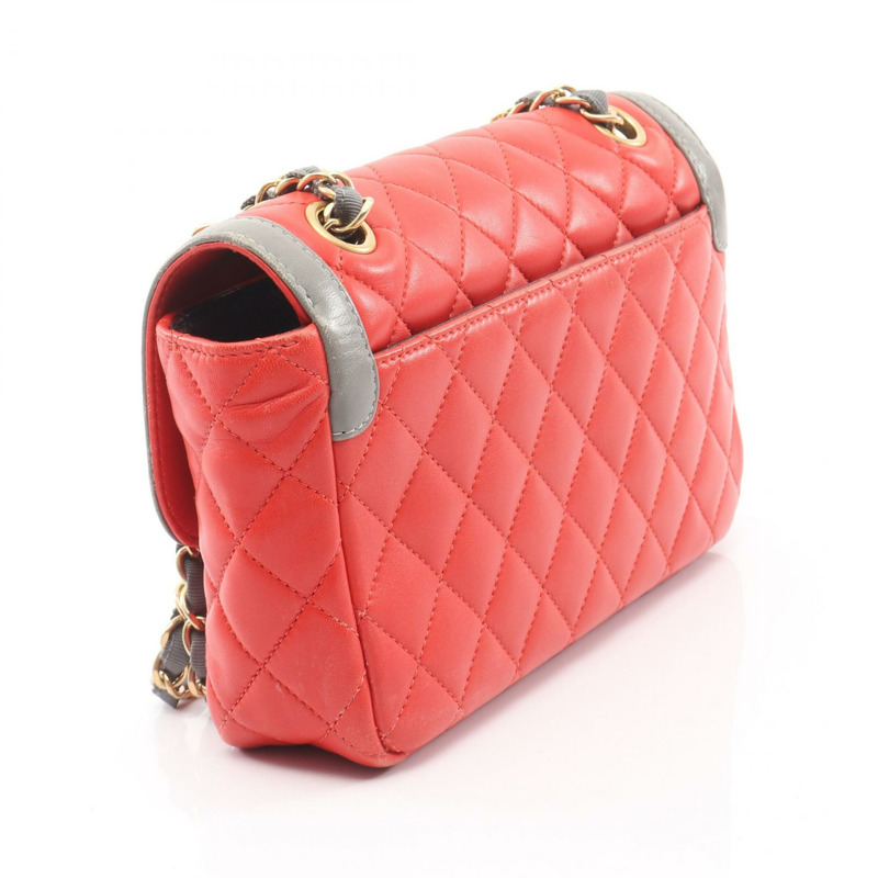 香奈兒 (CHANEL) 絎縫鏈條肩背包,羊皮材質,紅色/灰色,金色五金,二手女款-1