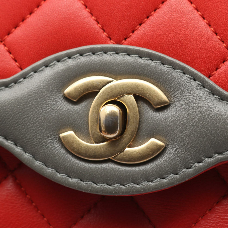 香奈兒 (CHANEL) 絎縫鏈條肩背包,羊皮材質,紅色/灰色,金色五金,二手女款-5