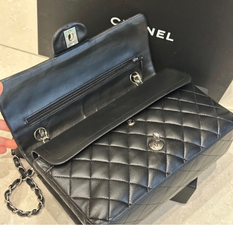 大全配🈶購證❤️ 香奈兒 #黑銀 #cf25 #羊皮 #中號 雙蓋雙鏈-12