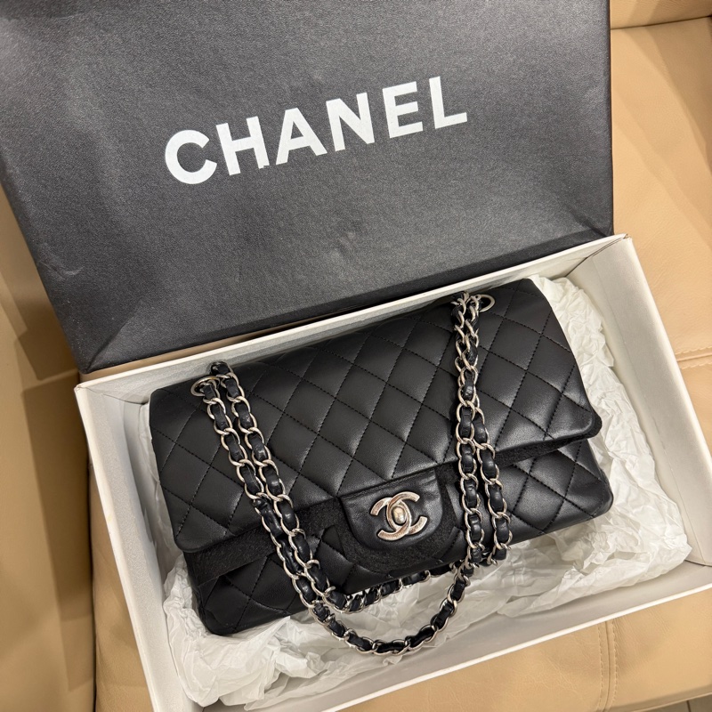 大全配🈶購證❤️ 香奈兒 #黑銀 #cf25 #羊皮 #中號 雙蓋雙鏈-15