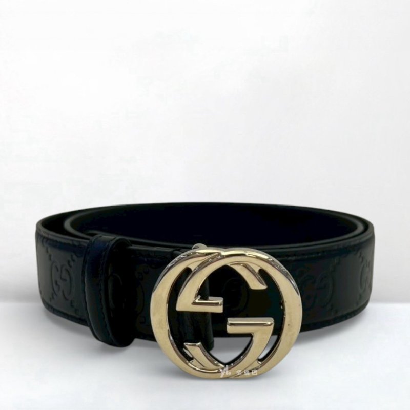 GUCCI皮帶 黑牛皮壓紋淡金扣皮帶813008-0