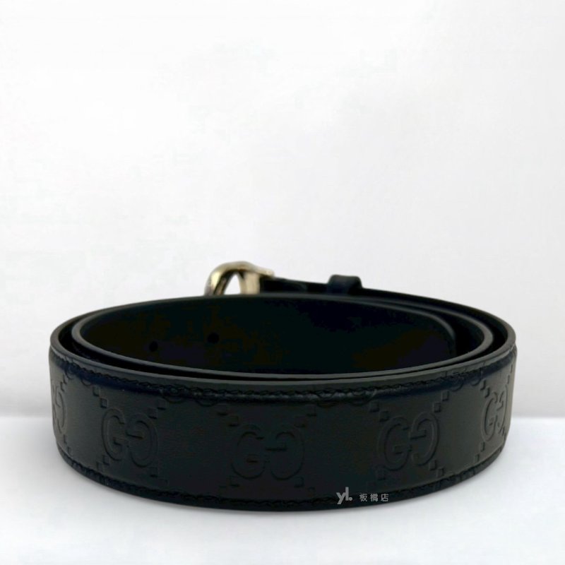 GUCCI皮帶 黑牛皮壓紋淡金扣皮帶813008-1