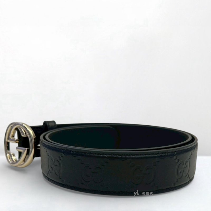 GUCCI皮帶 黑牛皮壓紋淡金扣皮帶813008-2