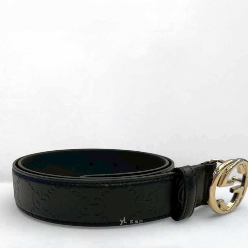GUCCI皮帶 黑牛皮壓紋淡金扣皮帶813008-3