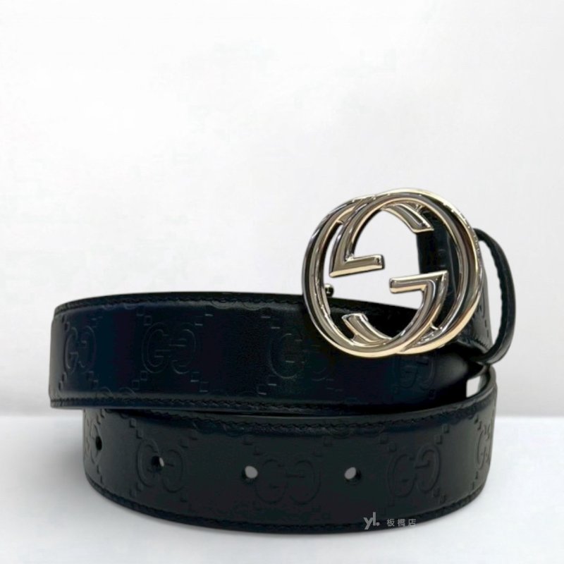 GUCCI皮帶 黑牛皮壓紋淡金扣皮帶813008-4