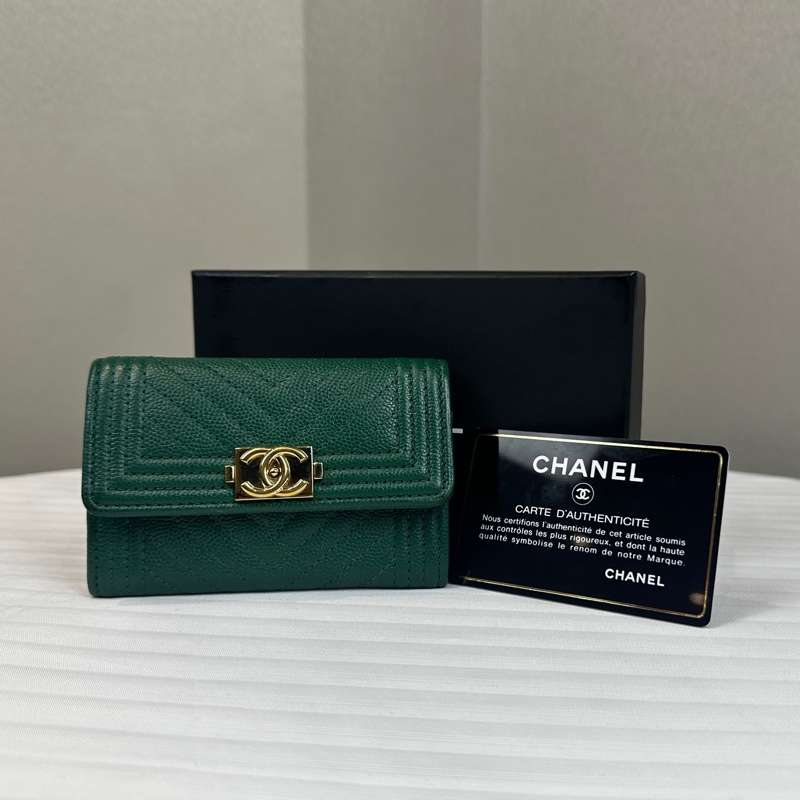 香奈兒/Chanel BOY 金扣深綠色短夾卡包錢包11x1x7.5cm-7