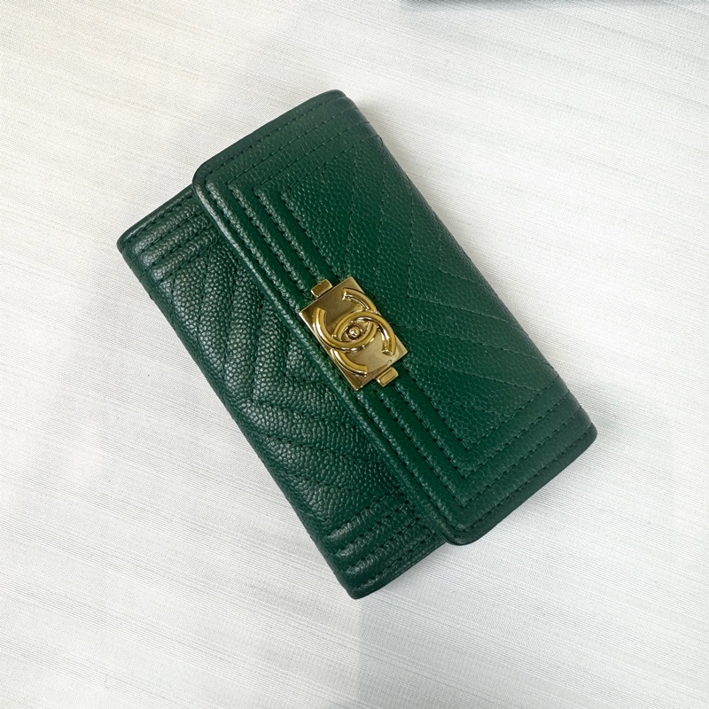 香奈兒/Chanel BOY 金扣深綠色短夾卡包錢包11x1x7.5cm-9