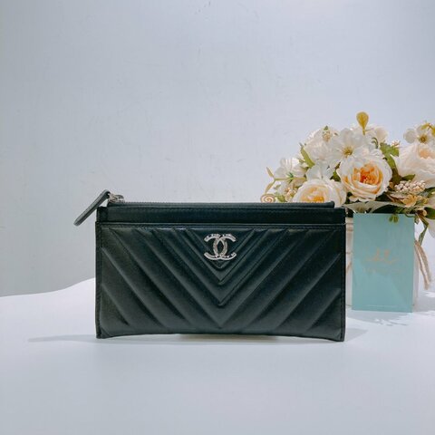 TW4611 Chanel 香奈兒 拉鏈長款卡包 黑色 Zipper Pouch Lambskin Black x PHW