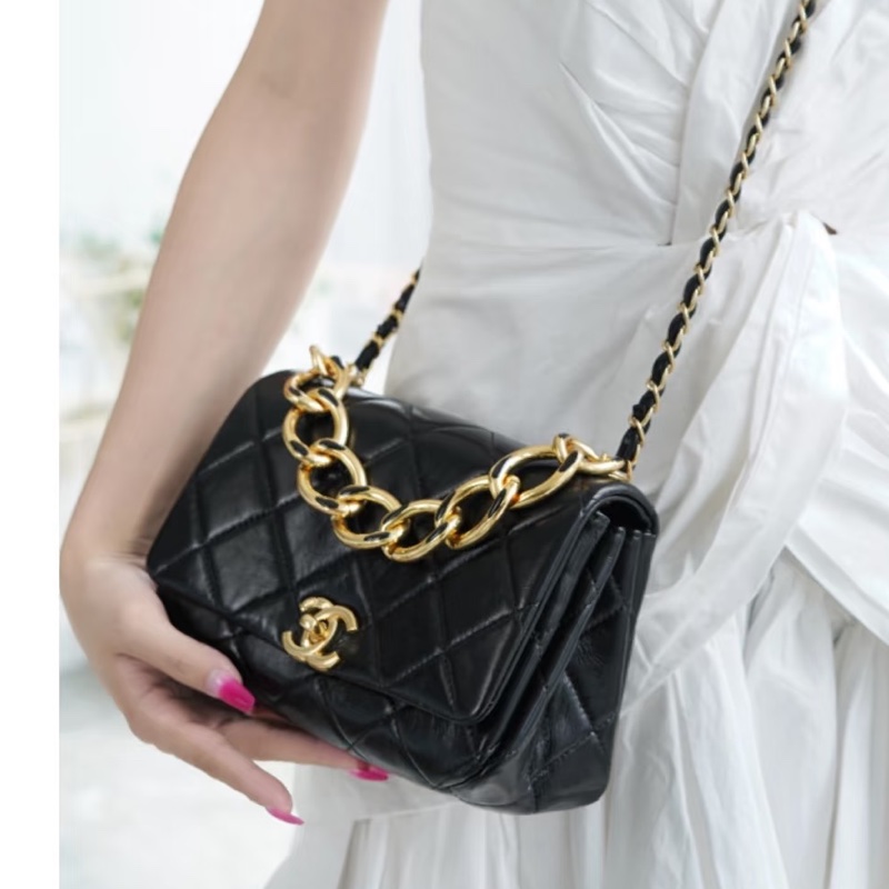 氣質必收款😍99新🆕Chanel香奈兒22Amini黑金雙鏈條芯片款手提單肩斜挎包-3