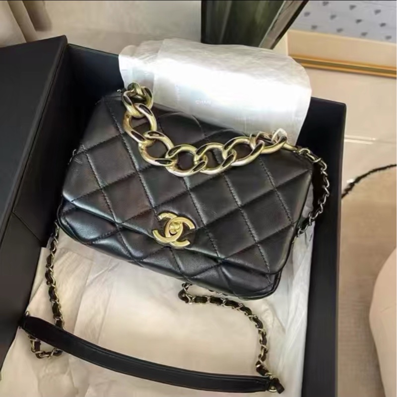 氣質必收款😍99新🆕Chanel香奈兒22Amini黑金雙鏈條芯片款手提單肩斜挎包-6