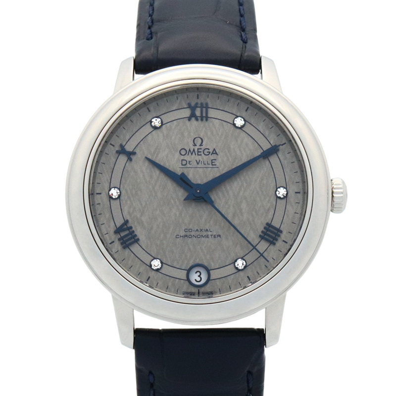 歐米茄碟飛系列尊貴腕錶，鑲鑽不鏽鋼錶殼搭配皮革錶帶，灰色，女款，424.13.33.20.56.002-0