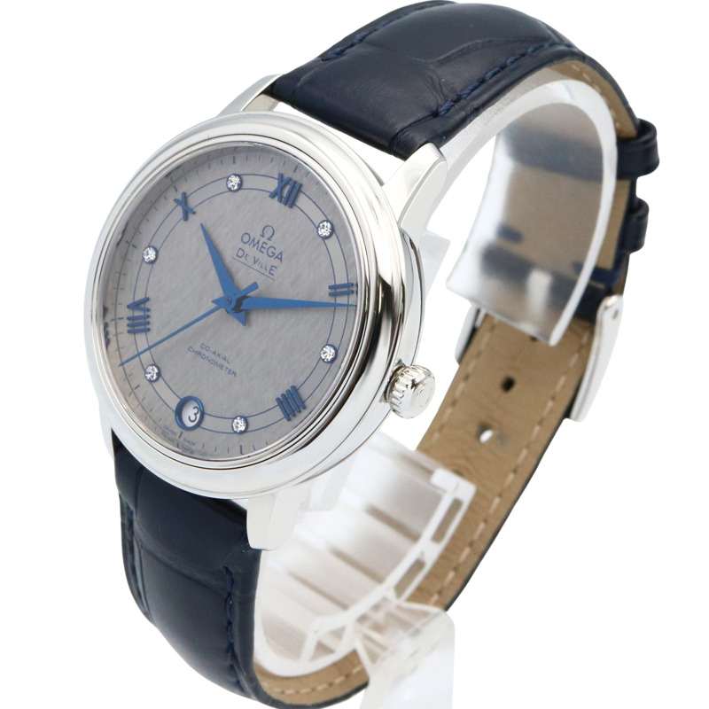 歐米茄碟飛系列尊貴腕錶，鑲鑽不鏽鋼錶殼搭配皮革錶帶，灰色，女款，424.13.33.20.56.002-1