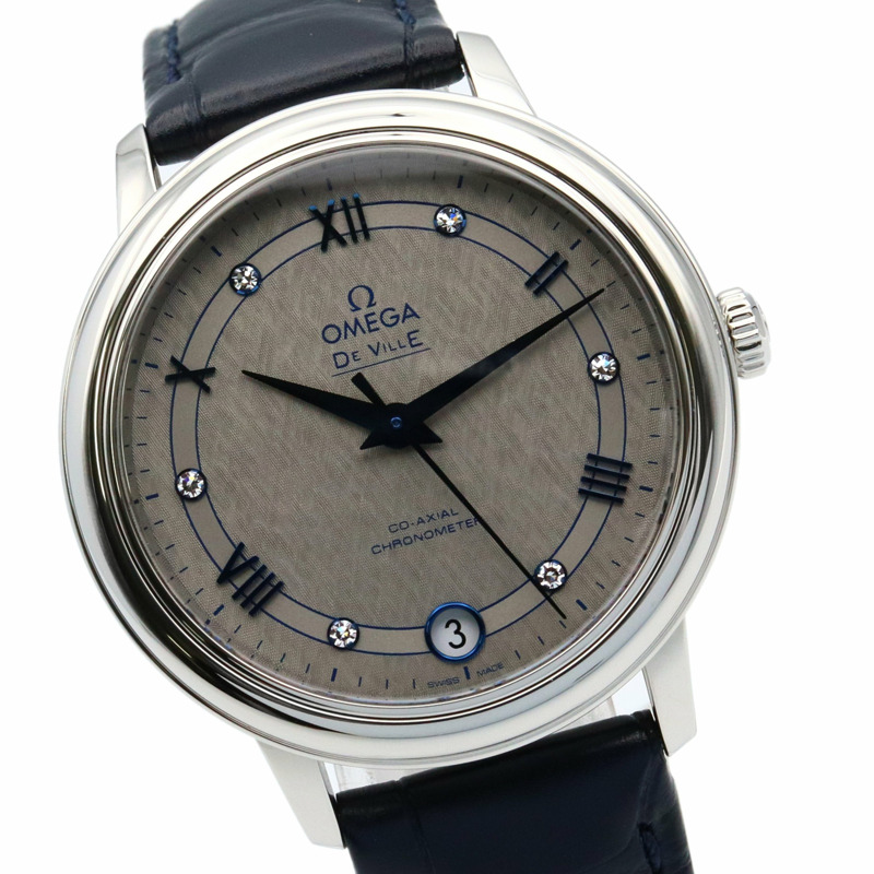 歐米茄碟飛系列尊貴腕錶，鑲鑽不鏽鋼錶殼搭配皮革錶帶，灰色，女款，424.13.33.20.56.002-2