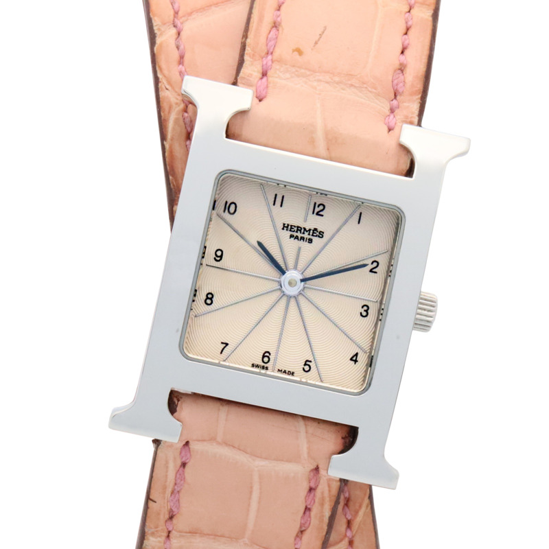 愛馬仕H系列腕錶，不鏽鋼和皮革材質，女士款，銀色，型號HH1.210-0