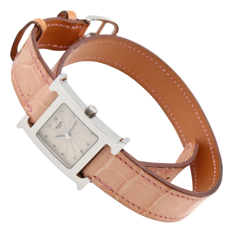 愛馬仕H系列腕錶，不鏽鋼和皮革材質，女士款，銀色，型號HH1.210-3