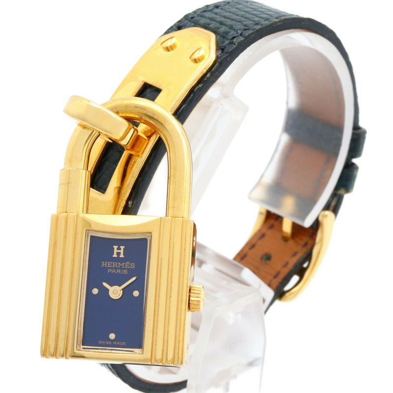 愛馬仕 Kelly 女士腕錶，鍍金款，皮革錶帶，藍色，KE1.201-1