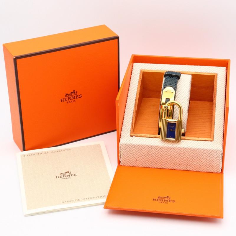 愛馬仕 Kelly 女士腕錶，鍍金款，皮革錶帶，藍色，KE1.201-7