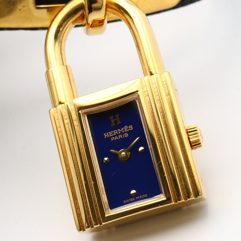 愛馬仕 Kelly 女士腕錶，鍍金款，皮革錶帶，藍色，KE1.201-8