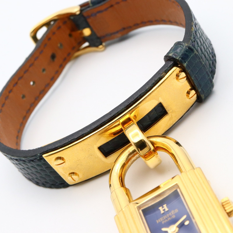 愛馬仕 Kelly 女士腕錶，鍍金款，皮革錶帶，藍色，KE1.201-14