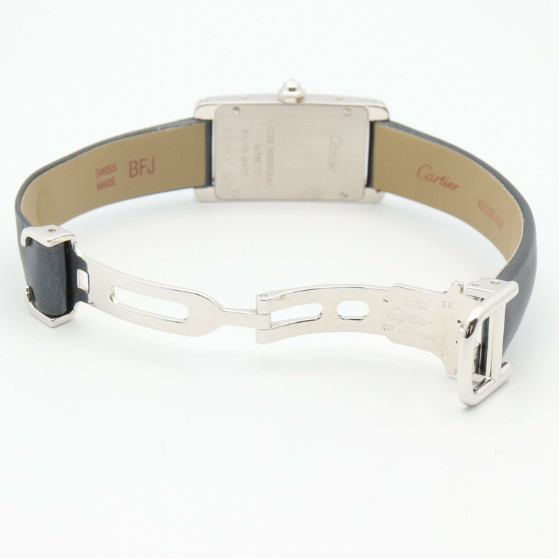 卡地亞 Tank Américaine SM 女士腕錶，鑲鑽錶圈，18K 白金錶殼 (WB707331)，皮革錶帶，鑲鑽，象牙色和銀色錶盤-3