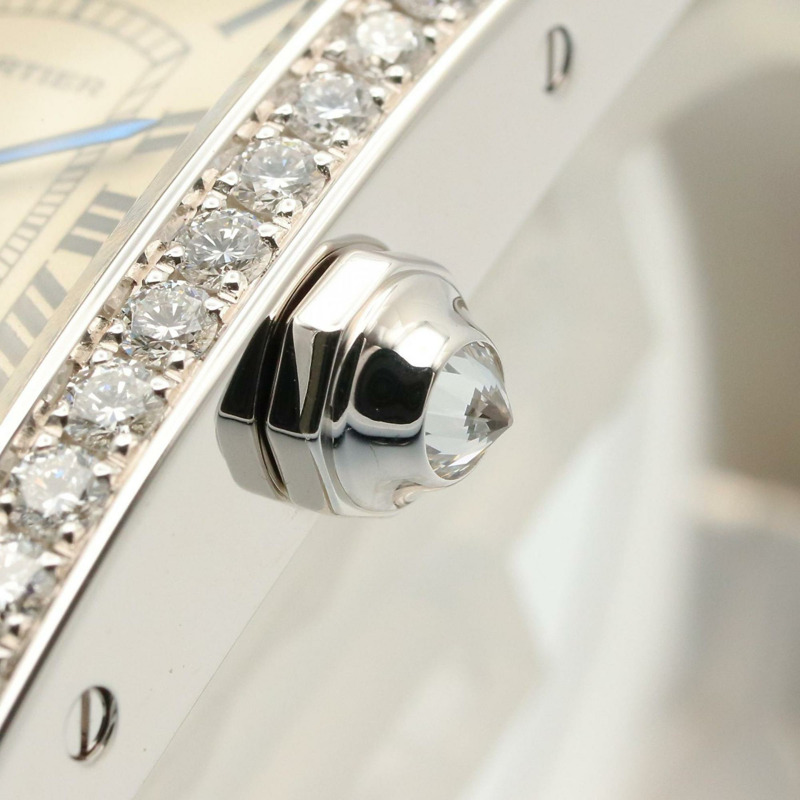 卡地亞 Tank Américaine SM 女士腕錶，鑲鑽錶圈，18K 白金錶殼 (WB707331)，皮革錶帶，鑲鑽，象牙色和銀色錶盤-5