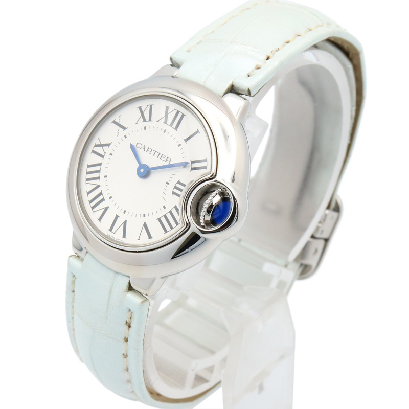 卡地亞 Ballon Bleu SM 腕錶，不鏽鋼和皮革錶帶，女款，銀色，W69018Z4-1