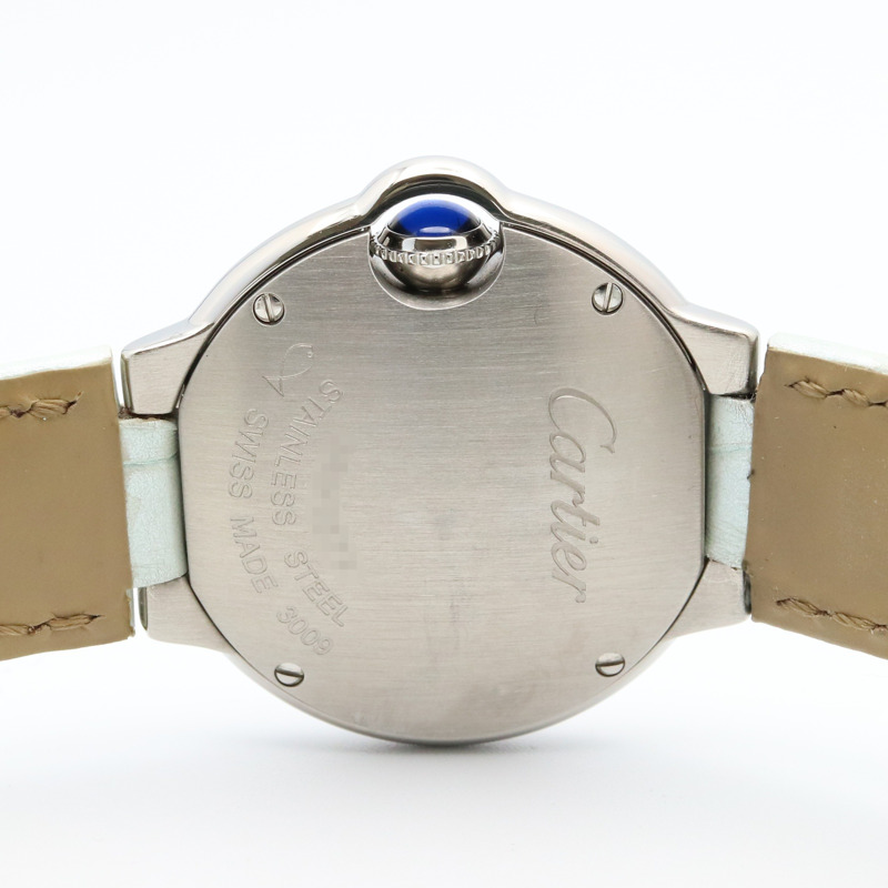 卡地亞 Ballon Bleu SM 腕錶，不鏽鋼和皮革錶帶，女款，銀色，W69018Z4-4