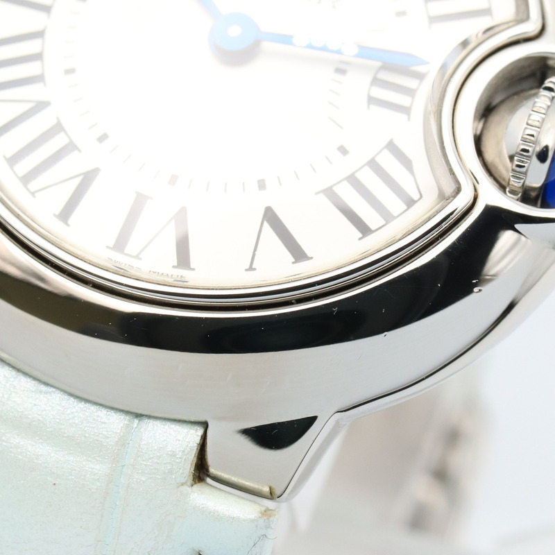 卡地亞 Ballon Bleu SM 腕錶，不鏽鋼和皮革錶帶，女款，銀色，W69018Z4-8