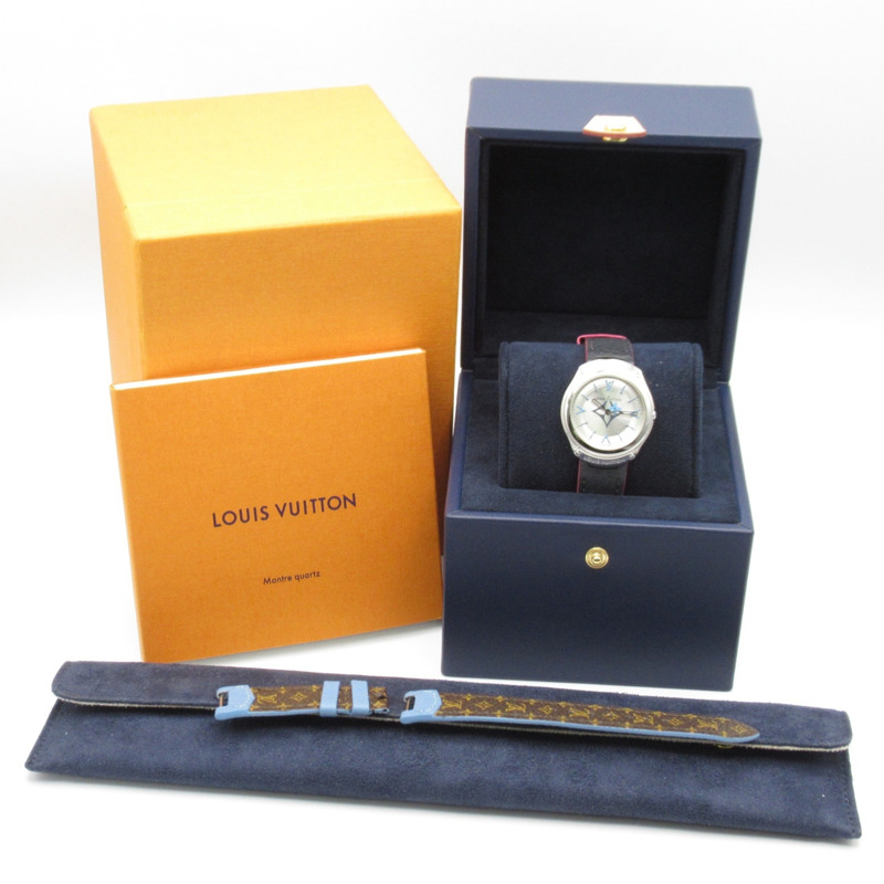 路易威登 Fifty Five 女士腕錶，不鏽鋼錶殼配皮錶帶，銀色，Q6J04-12