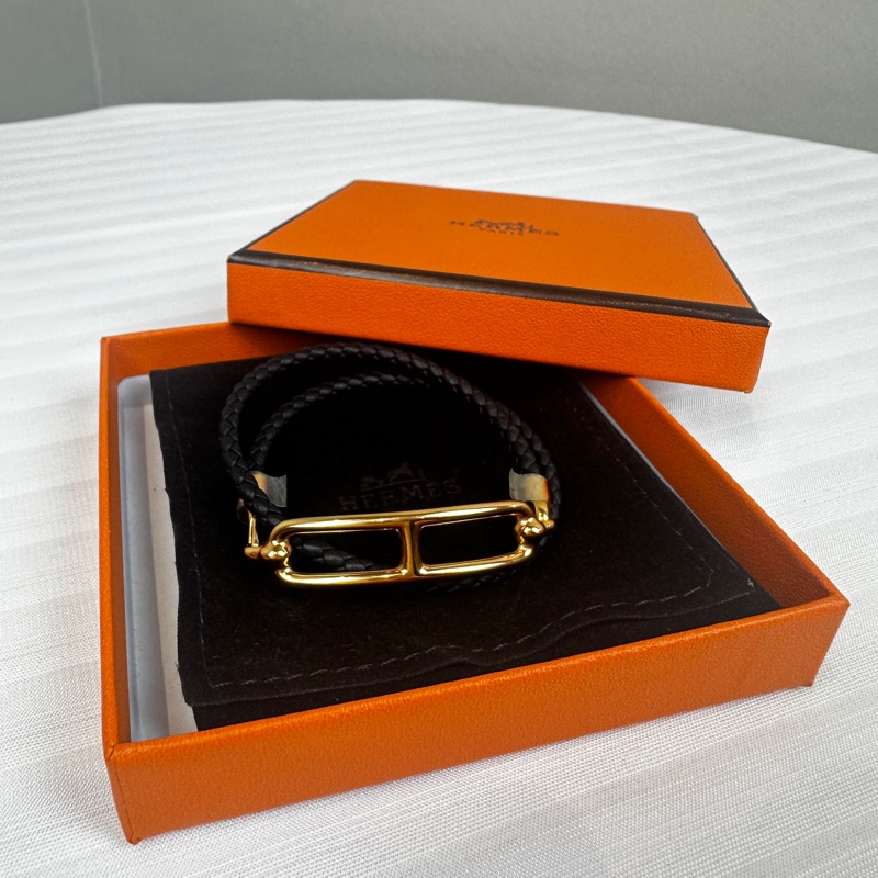 99新 愛馬仕/Hermes Roulis Double Tour Bracelet T1 黑色手鏈Swift皮革軟牛皮-0