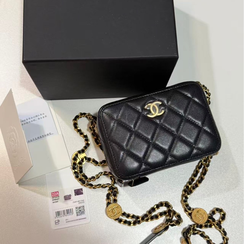 未使用品 Chanel 22A金幣黑金荔枝牛皮相機包-1