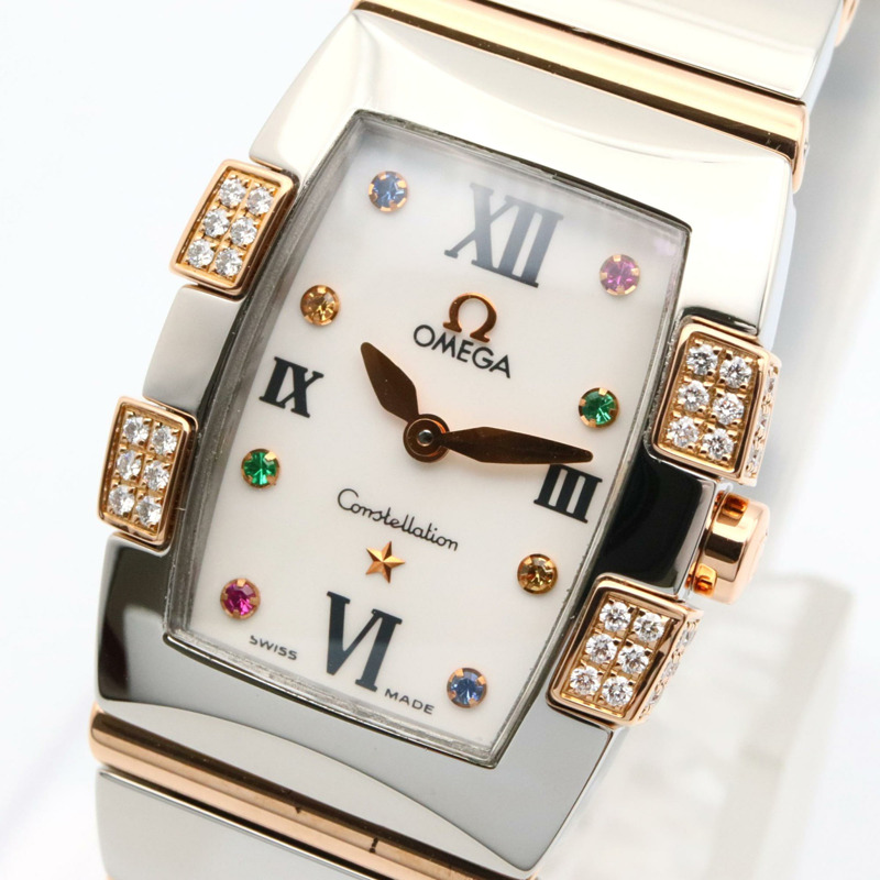 歐米茄星座系列迷你四方鑲鑽錶圈多寶石腕錶，18K玫瑰金（玫瑰金），不鏽鋼，鑽石，白色錶殼，女士款，1283.79-2