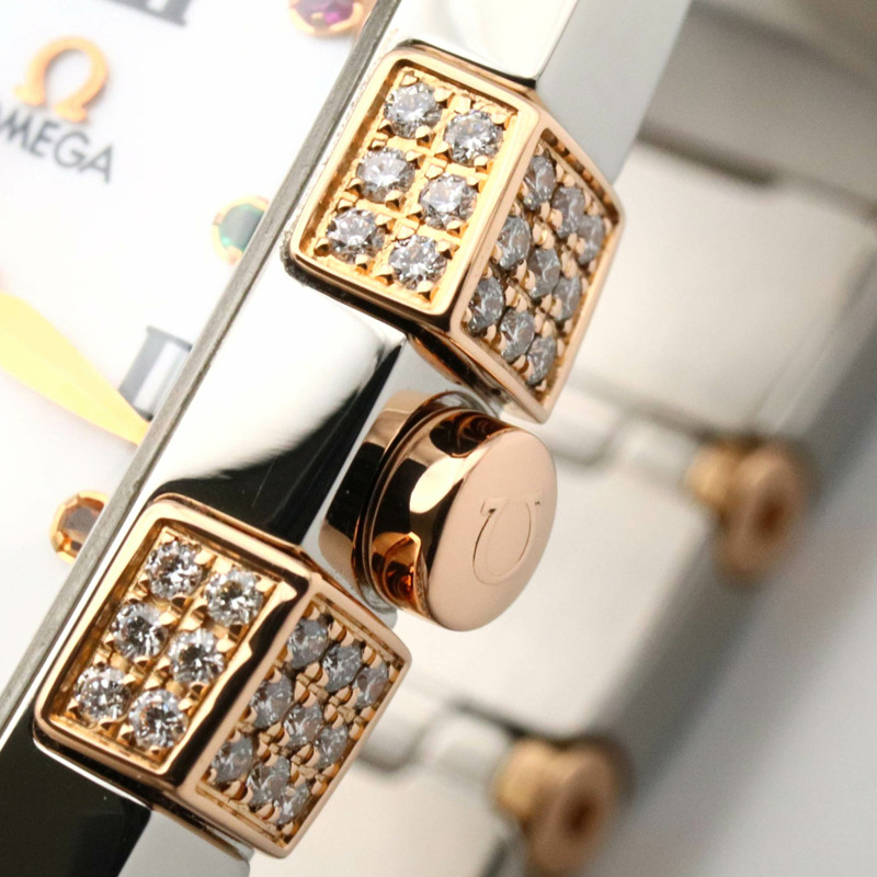 歐米茄星座系列迷你四方鑲鑽錶圈多寶石腕錶，18K玫瑰金（玫瑰金），不鏽鋼，鑽石，白色錶殼，女士款，1283.79-5