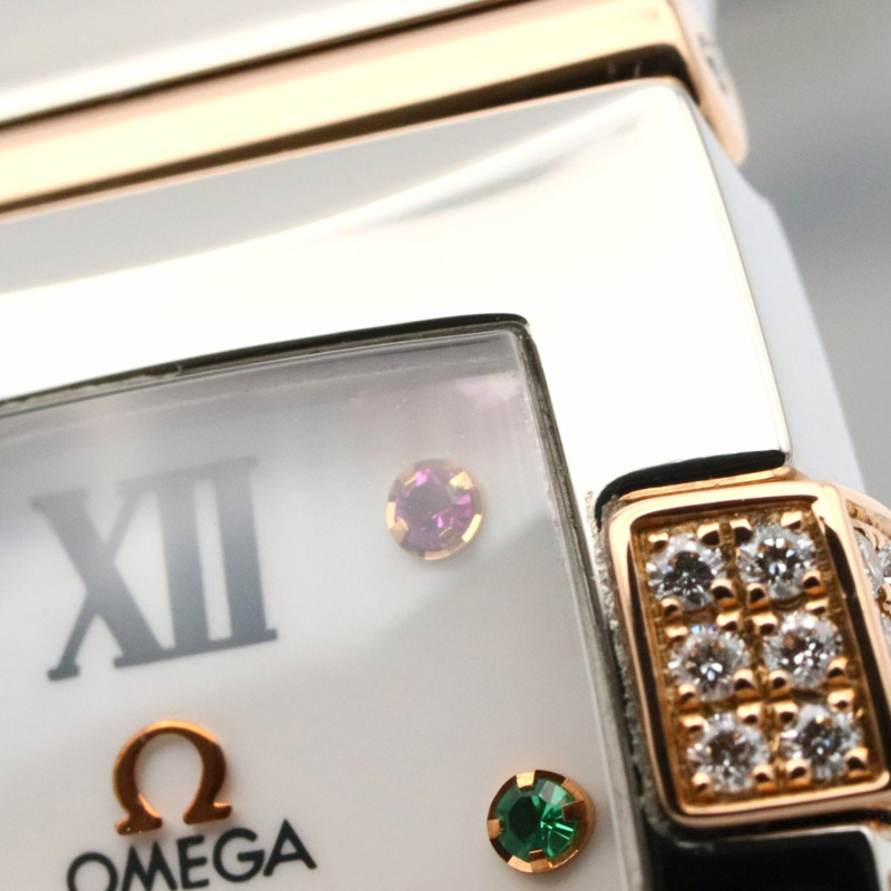 歐米茄星座系列迷你四方鑲鑽錶圈多寶石腕錶，18K玫瑰金（玫瑰金），不鏽鋼，鑽石，白色錶殼，女士款，1283.79-8