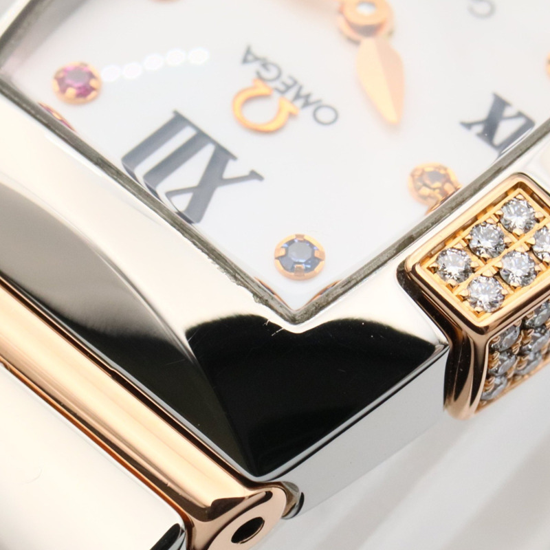 歐米茄星座系列迷你四方鑲鑽錶圈多寶石腕錶，18K玫瑰金（玫瑰金），不鏽鋼，鑽石，白色錶殼，女士款，1283.79-9