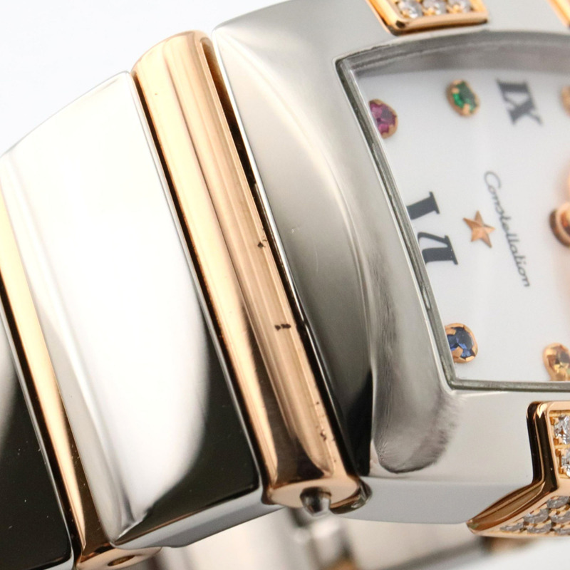 歐米茄星座系列迷你四方鑲鑽錶圈多寶石腕錶，18K玫瑰金（玫瑰金），不鏽鋼，鑽石，白色錶殼，女士款，1283.79-10