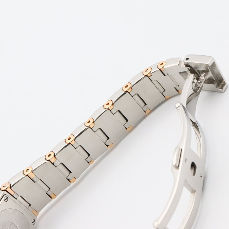 歐米茄星座系列迷你四方鑲鑽錶圈多寶石腕錶，18K玫瑰金（玫瑰金），不鏽鋼，鑽石，白色錶殼，女士款，1283.79-12