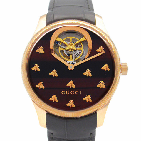 Gucci G-Timeless Dancing Bee腕錶，18K玫瑰金皮革錶帶，男士，棕色，717070 IDLA0 8599