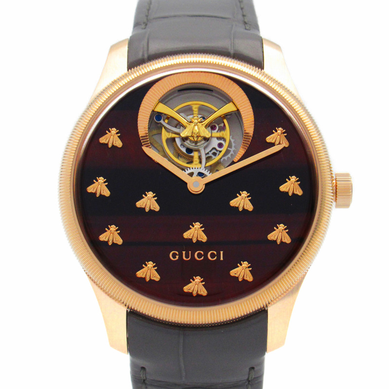 Gucci G-Timeless Dancing Bee腕錶，18K玫瑰金皮革錶帶，男士，棕色，717070 IDLA0 8599-0