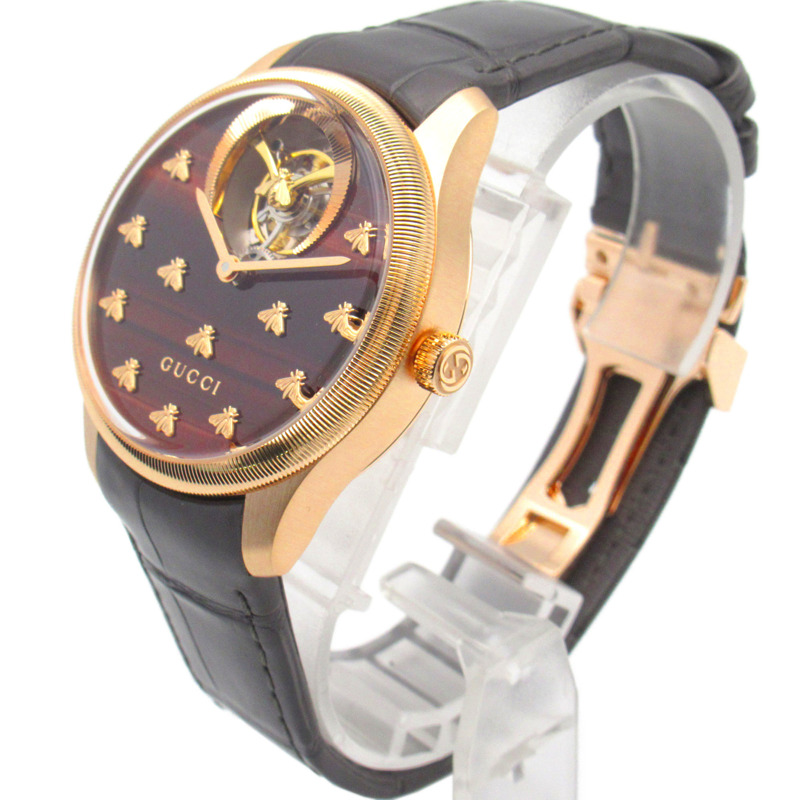 Gucci G-Timeless Dancing Bee腕錶，18K玫瑰金皮革錶帶，男士，棕色，717070 IDLA0 8599-1