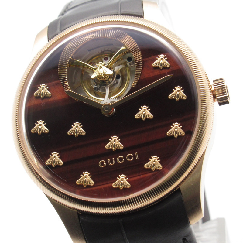 Gucci G-Timeless Dancing Bee腕錶，18K玫瑰金皮革錶帶，男士，棕色，717070 IDLA0 8599-2
