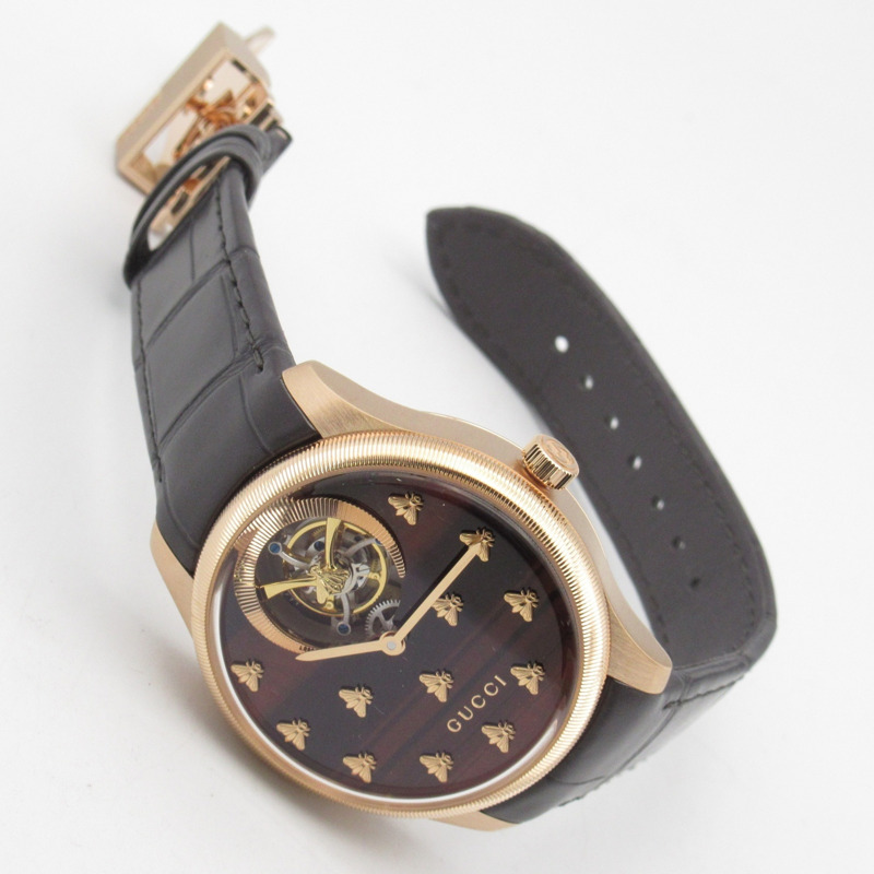 Gucci G-Timeless Dancing Bee腕錶，18K玫瑰金皮革錶帶，男士，棕色，717070 IDLA0 8599-3