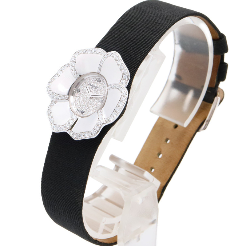 香奈兒山茶花腕錶，18K白金，皮革錶帶，鑲鑽，女士，銀色，H1190-1