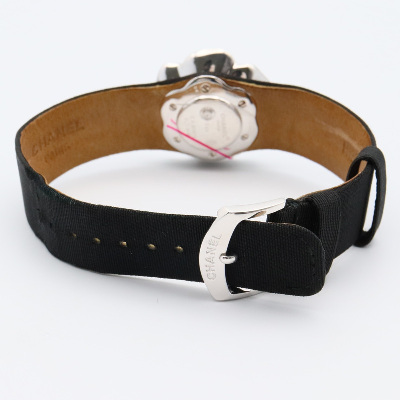 香奈兒山茶花腕錶，18K白金，皮革錶帶，鑲鑽，女士，銀色，H1190-4
