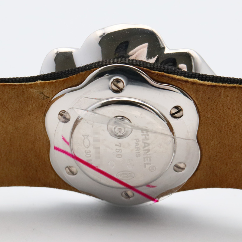 香奈兒山茶花腕錶，18K白金，皮革錶帶，鑲鑽，女士，銀色，H1190-5